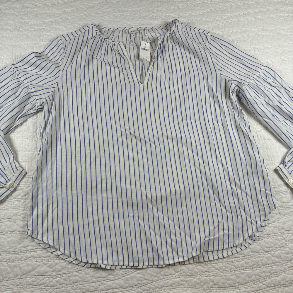 NEW Gap Vertical Striped Popover Blouse Blue White Sz L Long Sleeve Cotton Blend